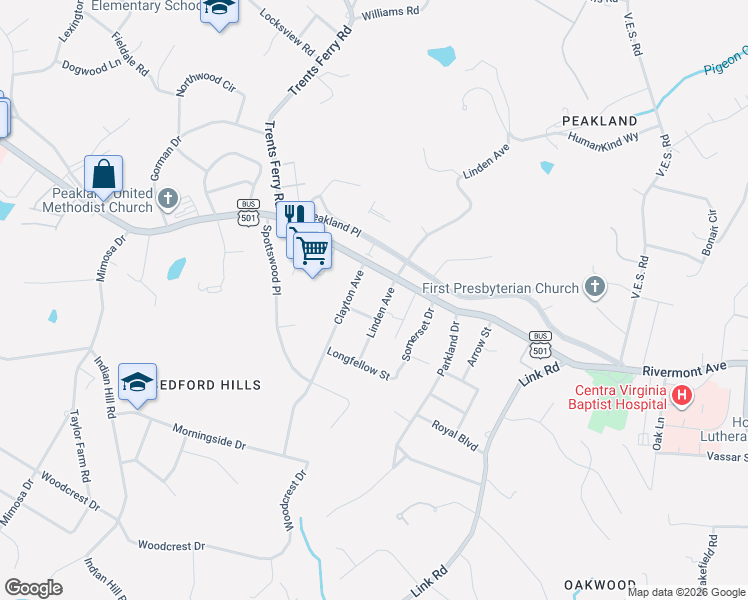 map of restaurants, bars, coffee shops, grocery stores, and more near 1521 Linden Ave in Lynchburg