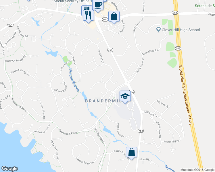 map of restaurants, bars, coffee shops, grocery stores, and more near 3505 Quail Hill Drive in Midlothian