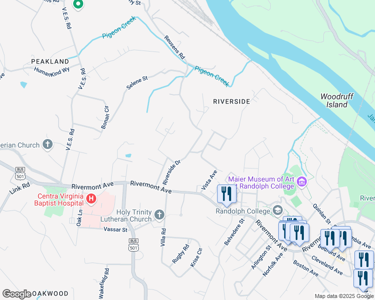 map of restaurants, bars, coffee shops, grocery stores, and more near 701 Riverside Drive in Lynchburg