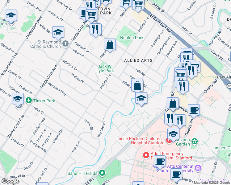 map of restaurants, bars, coffee shops, grocery stores, and more near 7 Maywood Lane in Menlo Park