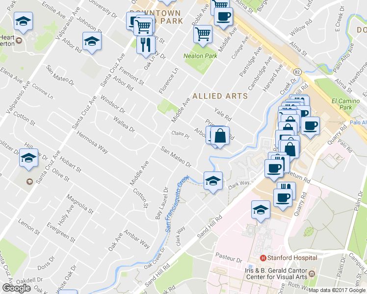 map of restaurants, bars, coffee shops, grocery stores, and more near 7 Maywood Lane in Menlo Park