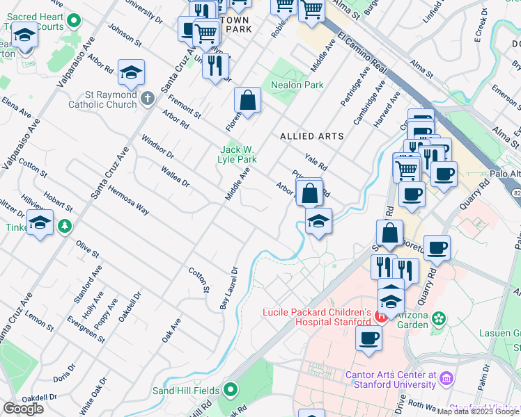 map of restaurants, bars, coffee shops, grocery stores, and more near 7 Maywood Lane in Menlo Park