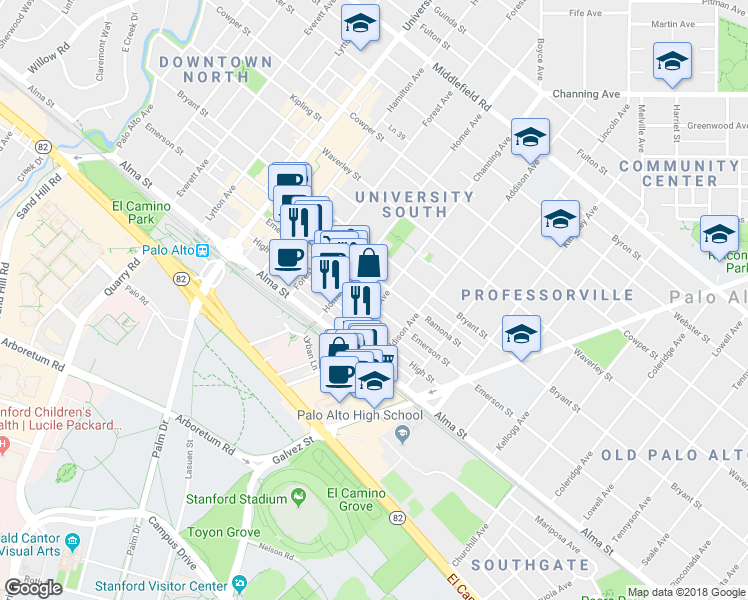map of restaurants, bars, coffee shops, grocery stores, and more near 895 Emerson Street in Palo Alto