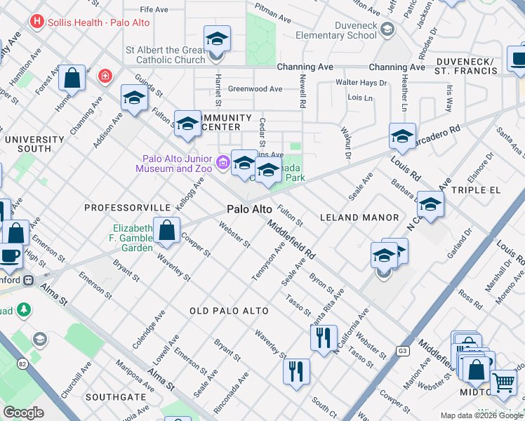 map of restaurants, bars, coffee shops, grocery stores, and more near 1699 Middlefield Road in Palo Alto