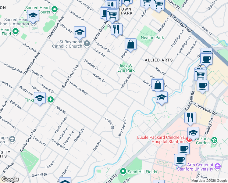 map of restaurants, bars, coffee shops, grocery stores, and more near 615 San Mateo Drive in Menlo Park