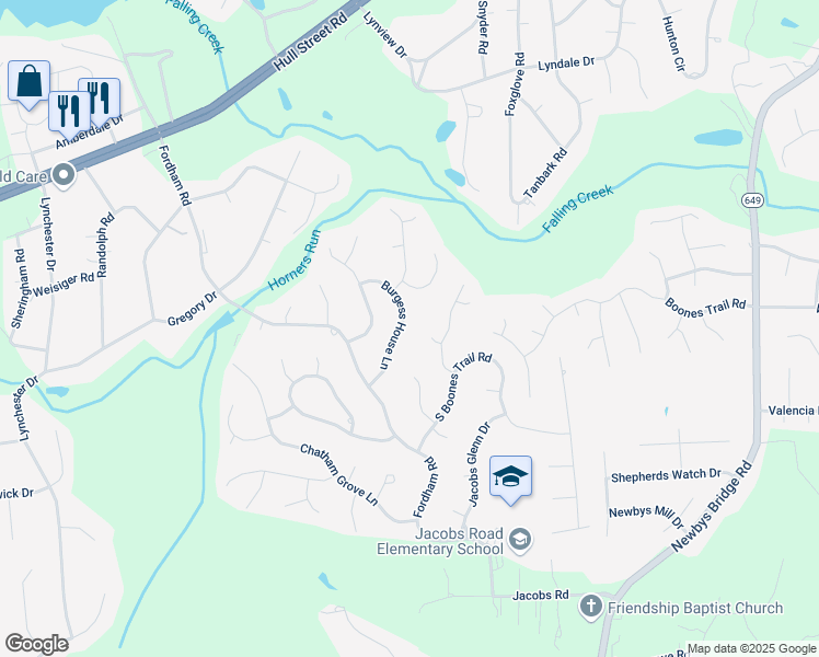 map of restaurants, bars, coffee shops, grocery stores, and more near 4417 Burgess House Lane in Richmond