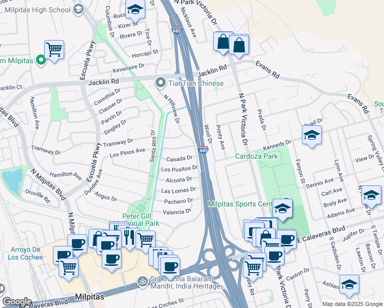 map of restaurants, bars, coffee shops, grocery stores, and more near 888 Canada Drive in Milpitas