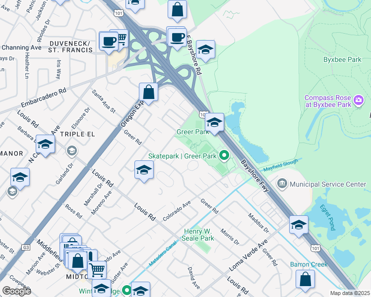 map of restaurants, bars, coffee shops, grocery stores, and more near 1042 Metro Circle in Palo Alto