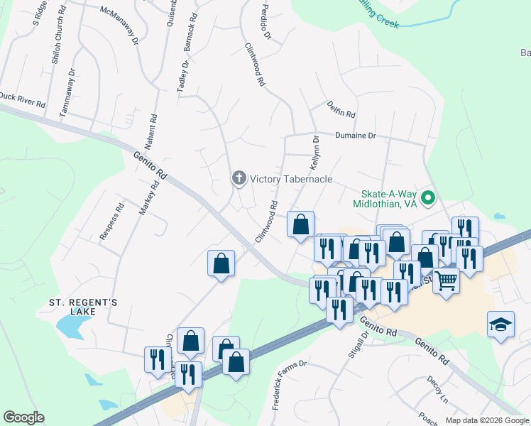 map of restaurants, bars, coffee shops, grocery stores, and more near 3401 Clintwood Road in Midlothian