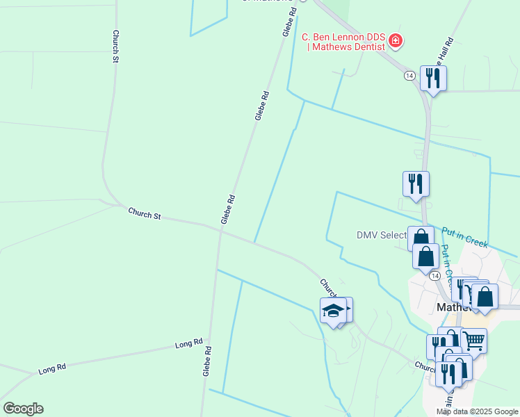 map of restaurants, bars, coffee shops, grocery stores, and more near 836 Church Street in Mathews