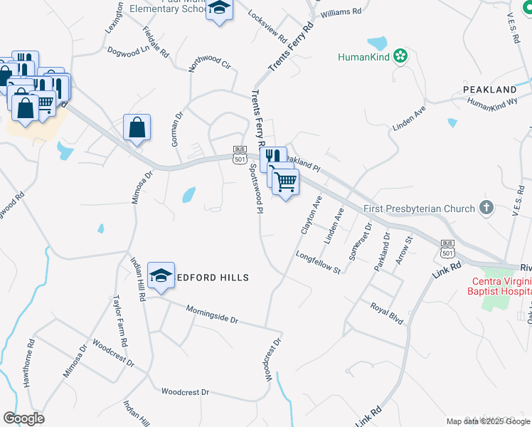 map of restaurants, bars, coffee shops, grocery stores, and more near 1672 Spottswood Place in Lynchburg