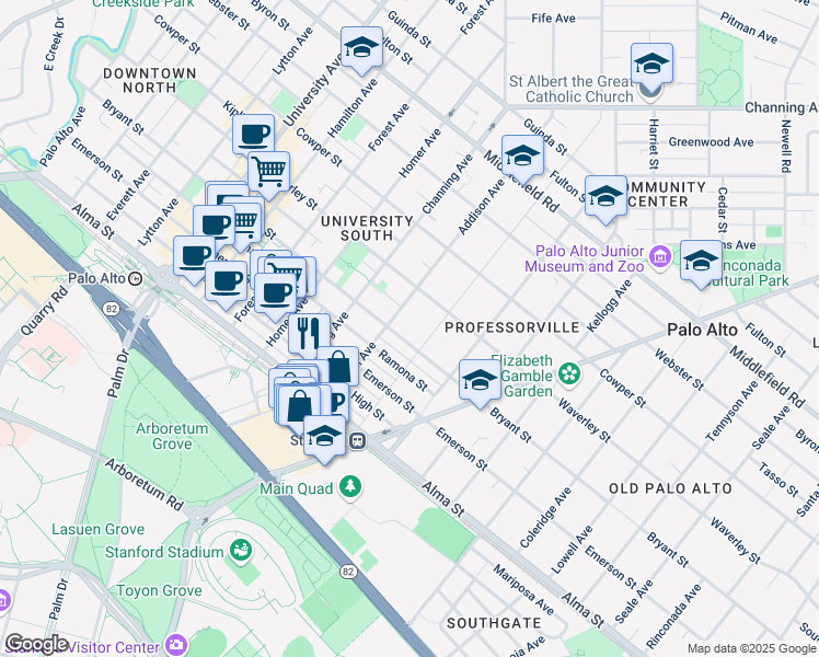 map of restaurants, bars, coffee shops, grocery stores, and more near 1061 Bryant Street in Palo Alto