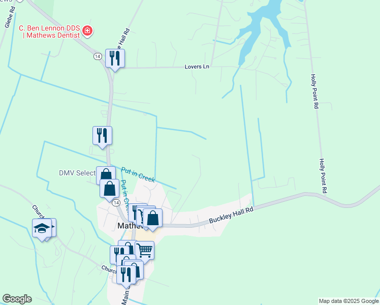 map of restaurants, bars, coffee shops, grocery stores, and more near 11075 Buckley Hall Road in Mathews