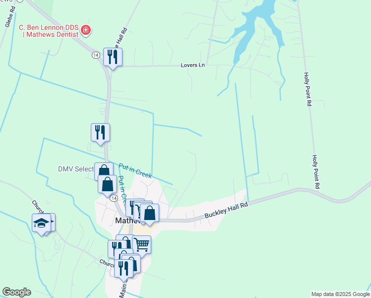 map of restaurants, bars, coffee shops, grocery stores, and more near 11075 Buckley Hall Road in Mathews