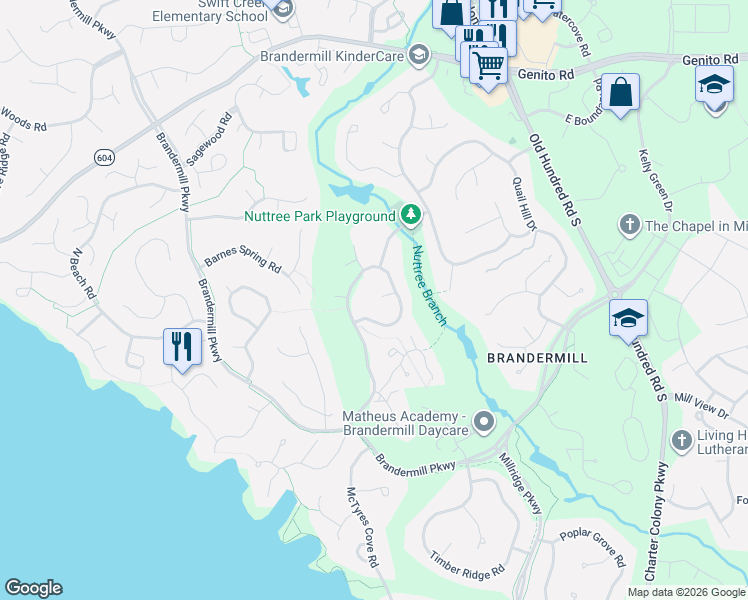 map of restaurants, bars, coffee shops, grocery stores, and more near 3205 Nuttree Woods Drive in Midlothian