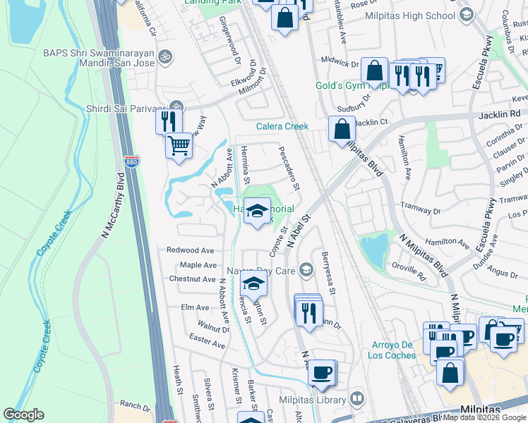 map of restaurants, bars, coffee shops, grocery stores, and more near 304 La Honda Drive in Milpitas