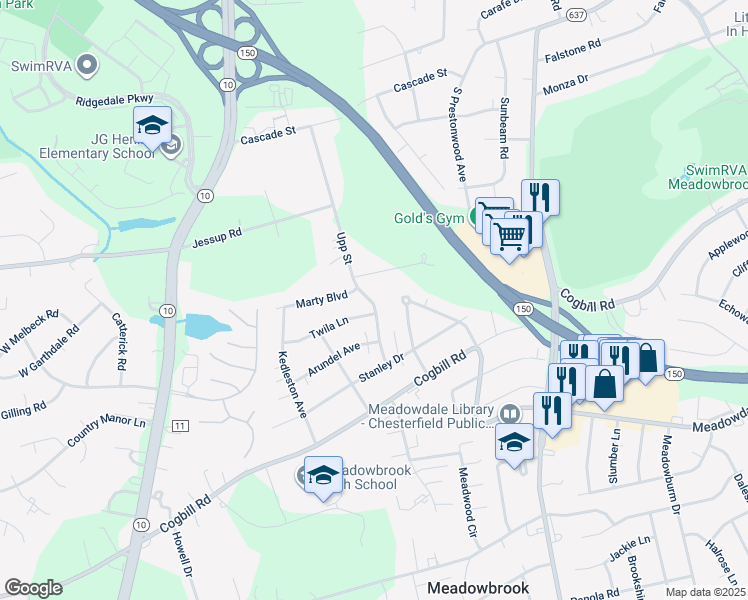 map of restaurants, bars, coffee shops, grocery stores, and more near 5615 Upp Street in Richmond