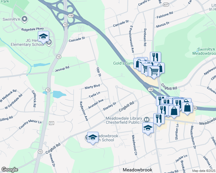 map of restaurants, bars, coffee shops, grocery stores, and more near 5615 Upp Street in Richmond