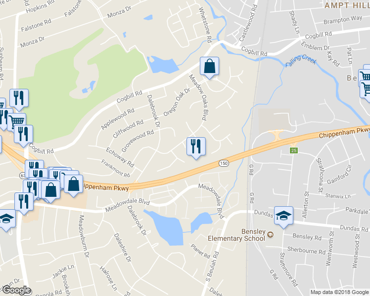 map of restaurants, bars, coffee shops, grocery stores, and more near 5998 Misty Oak Court in Richmond