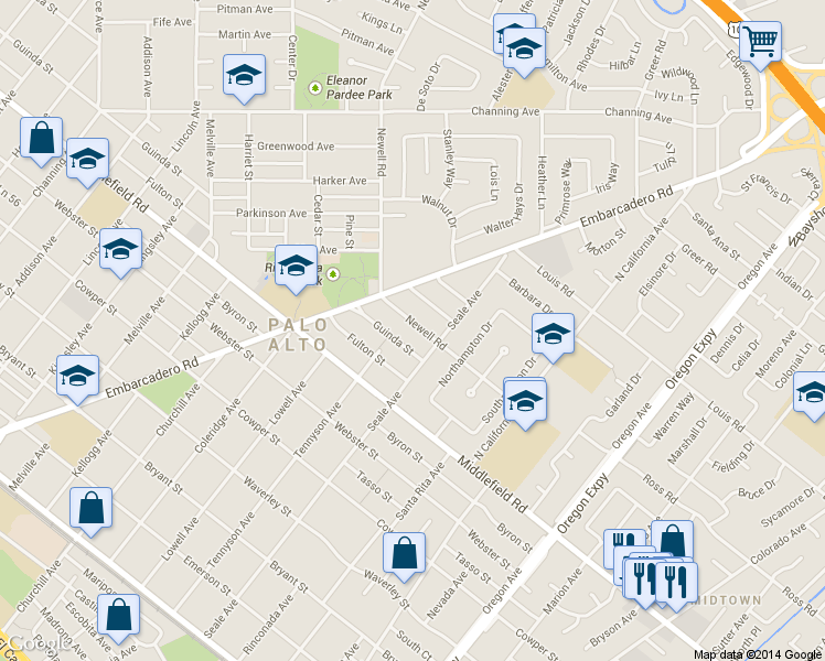 map of restaurants, bars, coffee shops, grocery stores, and more near 1830 Newell Road in Palo Alto