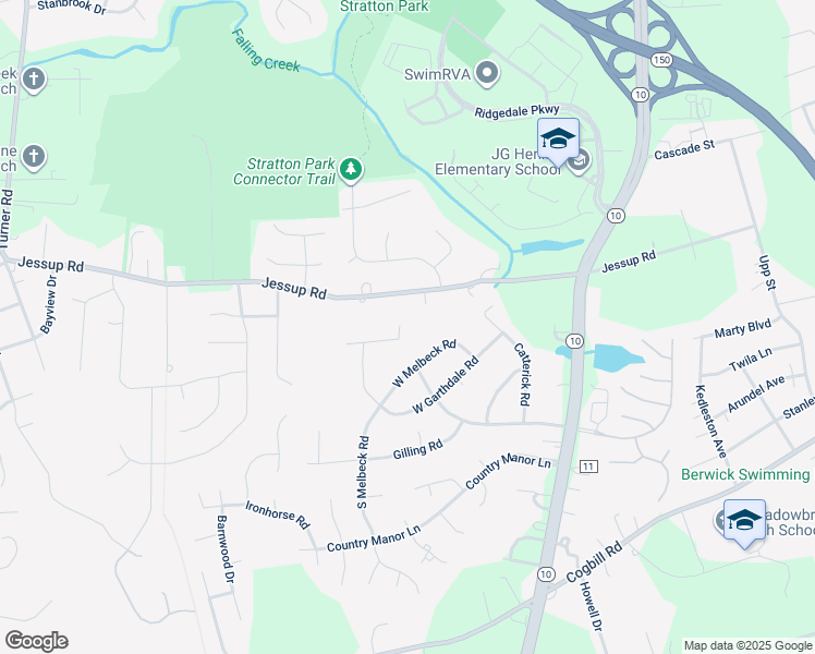 map of restaurants, bars, coffee shops, grocery stores, and more near 5425 South Rock Spring Drive in Richmond