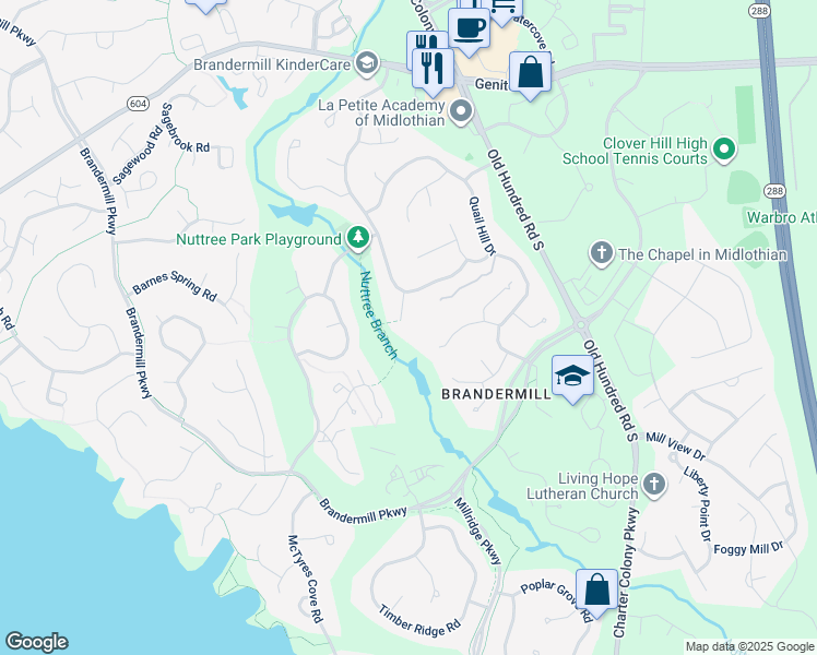 map of restaurants, bars, coffee shops, grocery stores, and more near 3307 Fox Chase Court in Midlothian