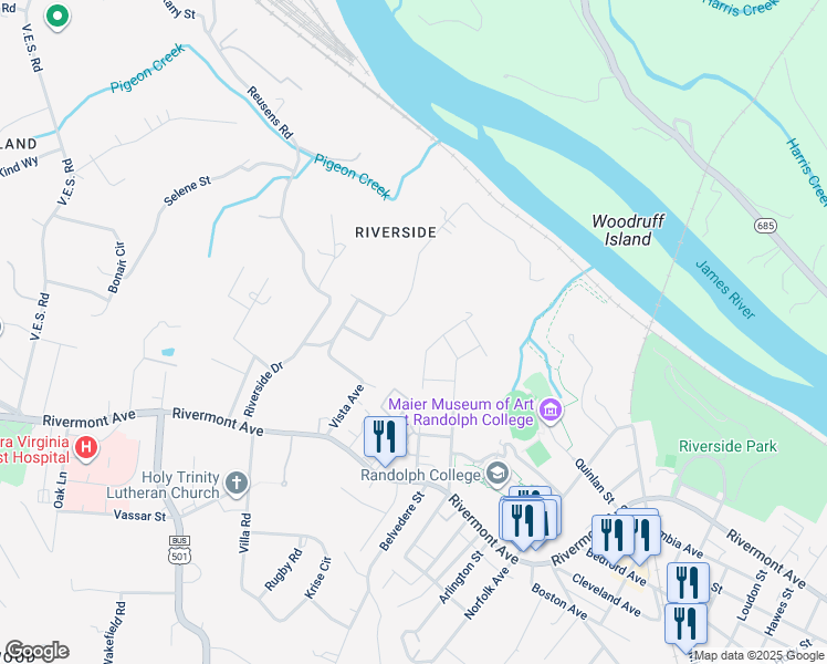 map of restaurants, bars, coffee shops, grocery stores, and more near 500 Hester Avenue in Lynchburg