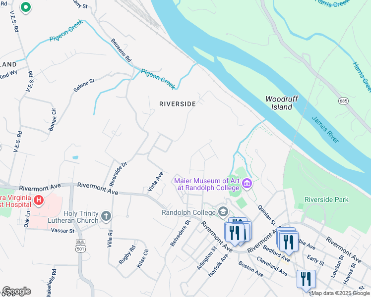 map of restaurants, bars, coffee shops, grocery stores, and more near 500 Hester Avenue in Lynchburg