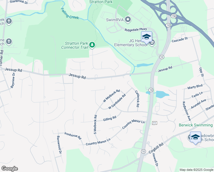 map of restaurants, bars, coffee shops, grocery stores, and more near 5425 South Rock Spring Drive in Richmond