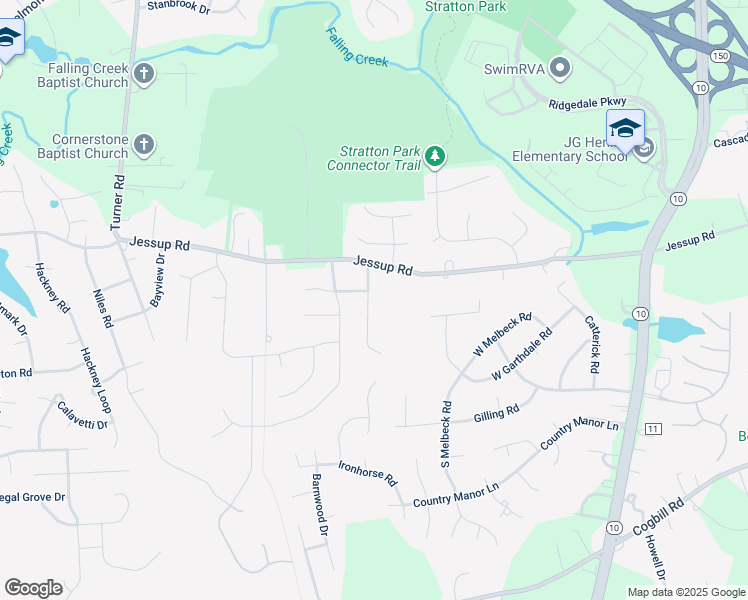 map of restaurants, bars, coffee shops, grocery stores, and more near 5301 Meadoway Road in Richmond