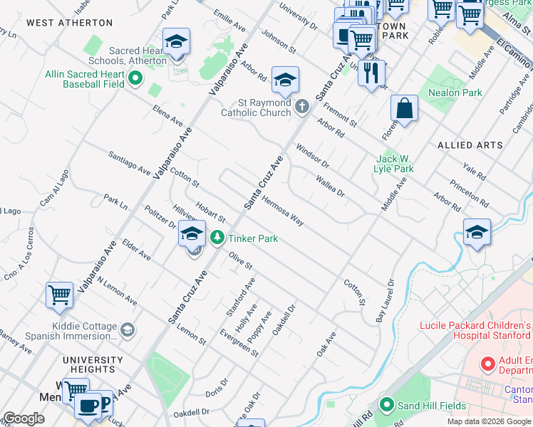 map of restaurants, bars, coffee shops, grocery stores, and more near 1080 Cotton Street in Menlo Park