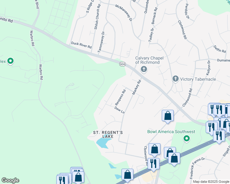 map of restaurants, bars, coffee shops, grocery stores, and more near 3535 Pease Road in Midlothian