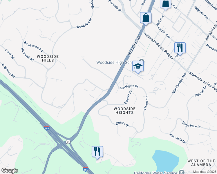map of restaurants, bars, coffee shops, grocery stores, and more near 2360 Woodside Road in Woodside