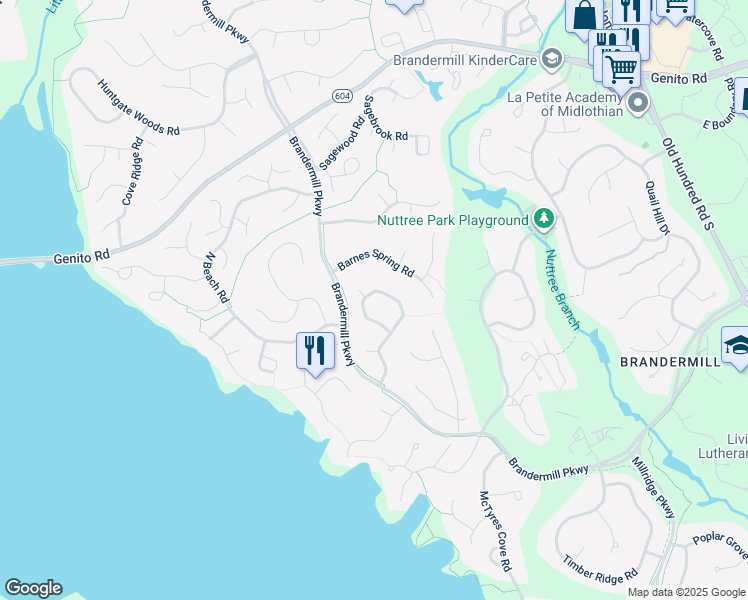 map of restaurants, bars, coffee shops, grocery stores, and more near 3400 7 Oaks Road in Midlothian