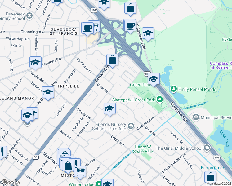 map of restaurants, bars, coffee shops, grocery stores, and more near 2640 Elmdale Place in Palo Alto