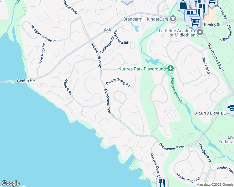 map of restaurants, bars, coffee shops, grocery stores, and more near 3400 7 Oaks Road in Midlothian