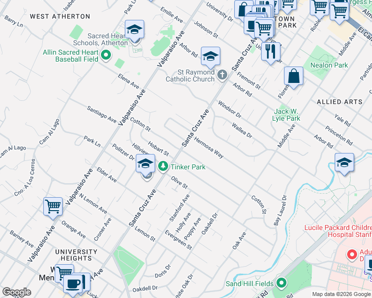 map of restaurants, bars, coffee shops, grocery stores, and more near 1080 Cotton Street in Menlo Park