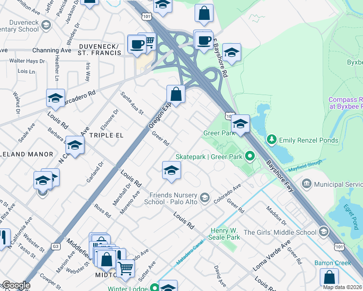 map of restaurants, bars, coffee shops, grocery stores, and more near 2640 Elmdale Place in Palo Alto