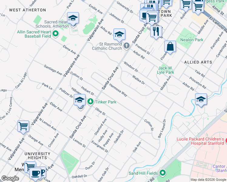 map of restaurants, bars, coffee shops, grocery stores, and more near 991 Cotton Street in Menlo Park