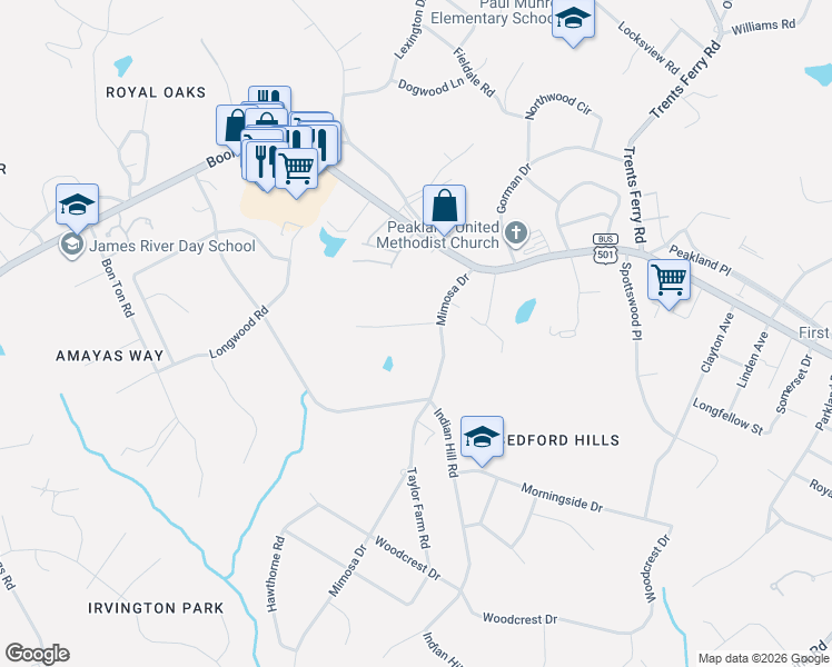 map of restaurants, bars, coffee shops, grocery stores, and more near 2015 Mimosa Dr in Lynchburg