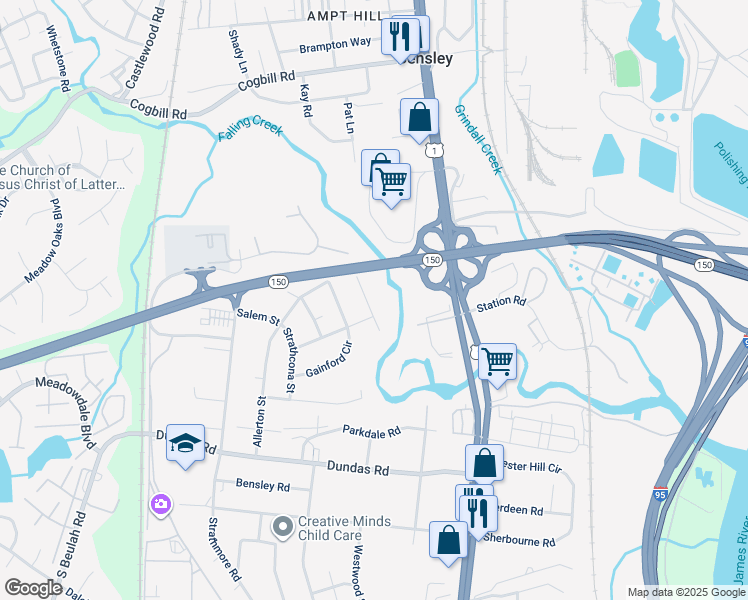 map of restaurants, bars, coffee shops, grocery stores, and more near 6031 Hudswell Lane in Richmond