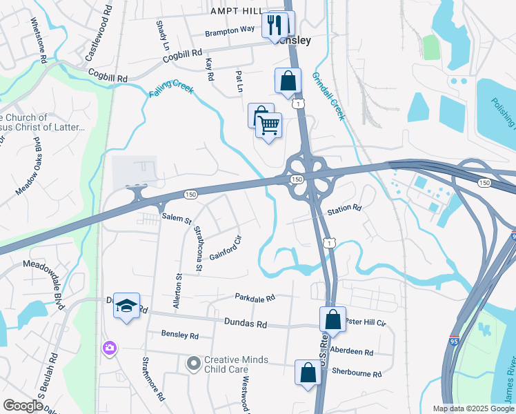 map of restaurants, bars, coffee shops, grocery stores, and more near 6031 Hudswell Lane in Richmond