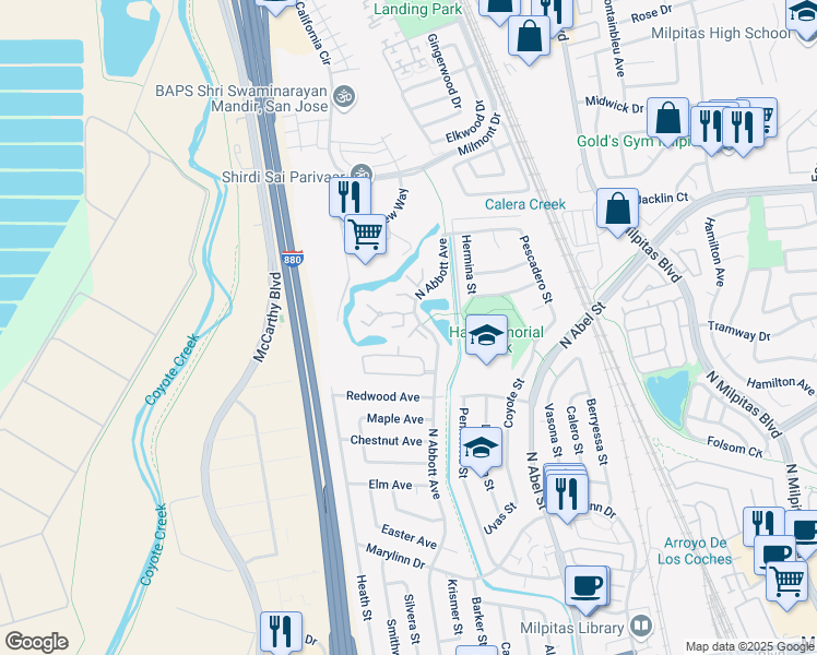 map of restaurants, bars, coffee shops, grocery stores, and more near 1027 North Abbott Avenue in Milpitas