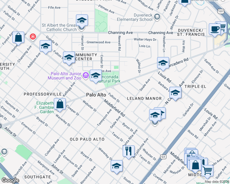 map of restaurants, bars, coffee shops, grocery stores, and more near 1730 Guinda Street in Palo Alto