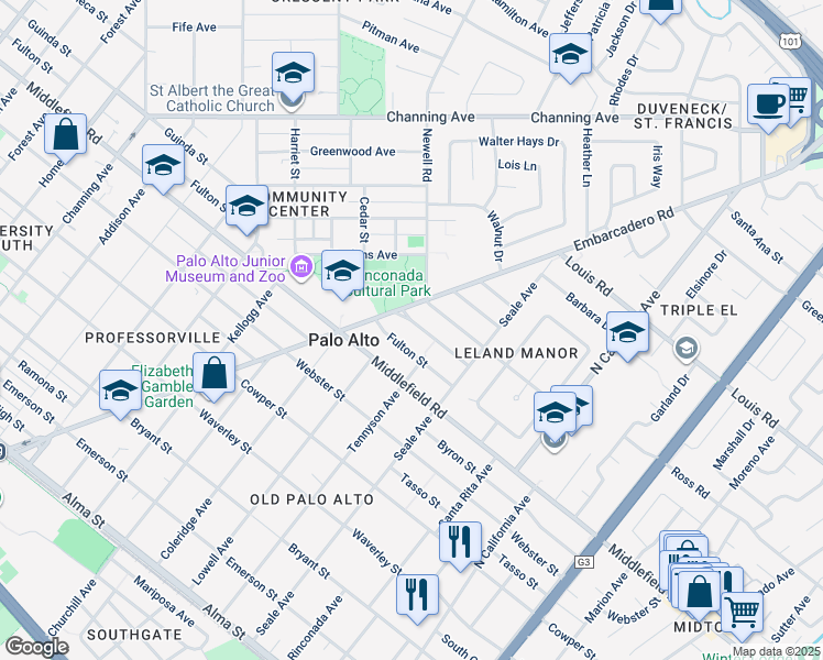 map of restaurants, bars, coffee shops, grocery stores, and more near 1758 Fulton Street in Palo Alto