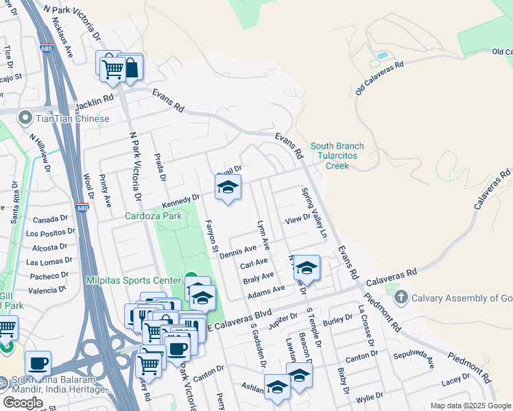 map of restaurants, bars, coffee shops, grocery stores, and more near 321 Lynn Avenue in Milpitas