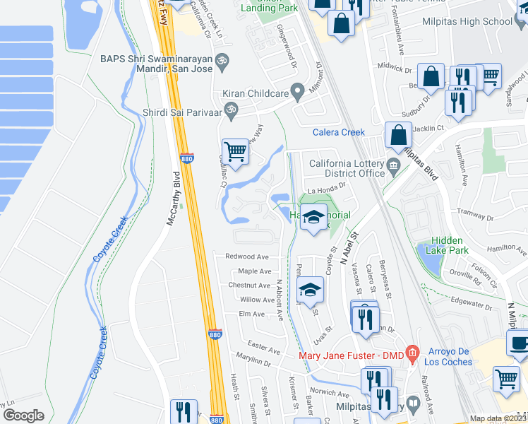 map of restaurants, bars, coffee shops, grocery stores, and more near 1009 North Abbott Avenue in Milpitas