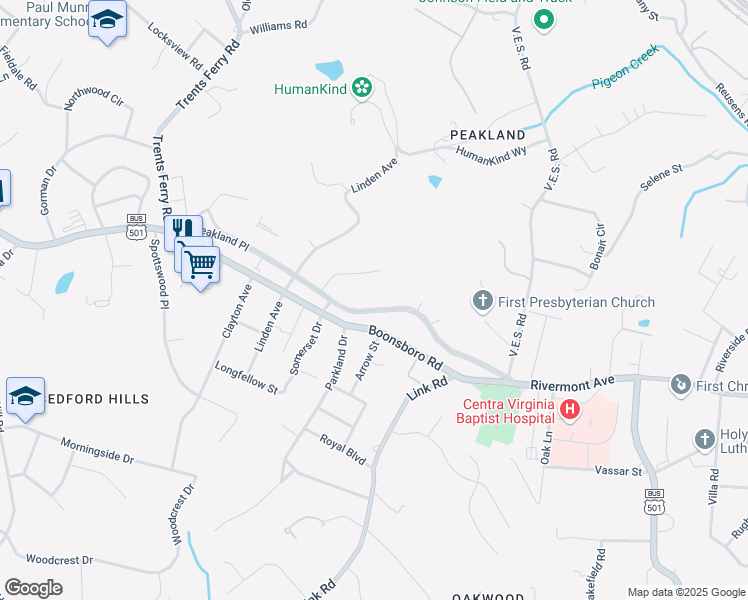 map of restaurants, bars, coffee shops, grocery stores, and more near 3869 Peakland Place in Lynchburg