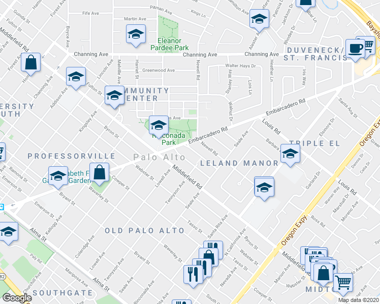 map of restaurants, bars, coffee shops, grocery stores, and more near 1730 Guinda Street in Palo Alto