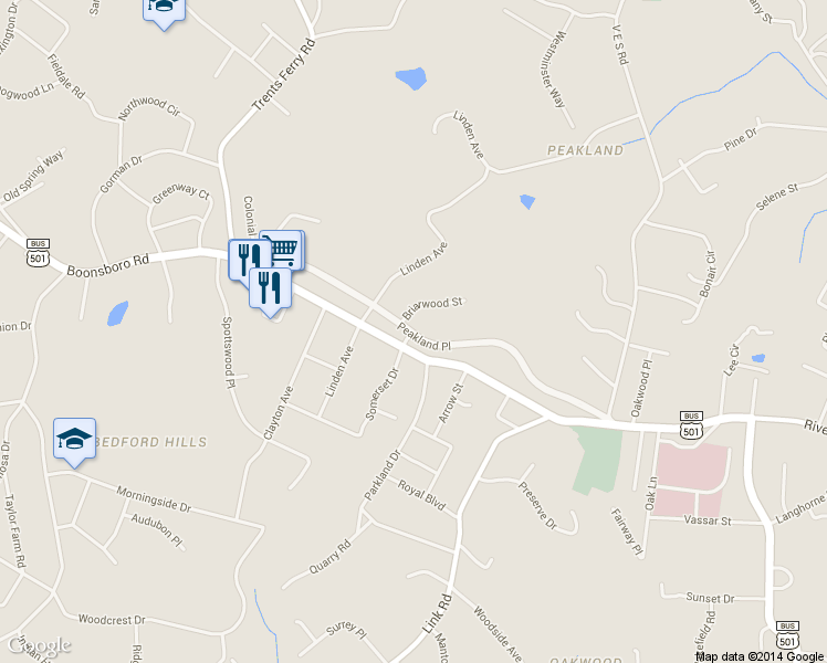map of restaurants, bars, coffee shops, grocery stores, and more near Peakland Place in Lynchburg